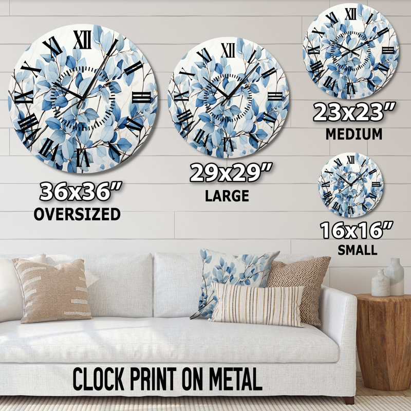 Horloge murale à feuilles bleues et bleues, Médium