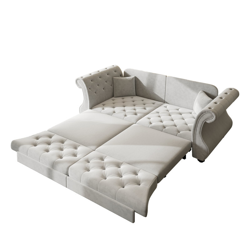 83.8" Oversized Chesterfield Pull Out Sofa Bed, Classic Roll Arm Velvet Couch with Flower Tufting, LIGHT GREY