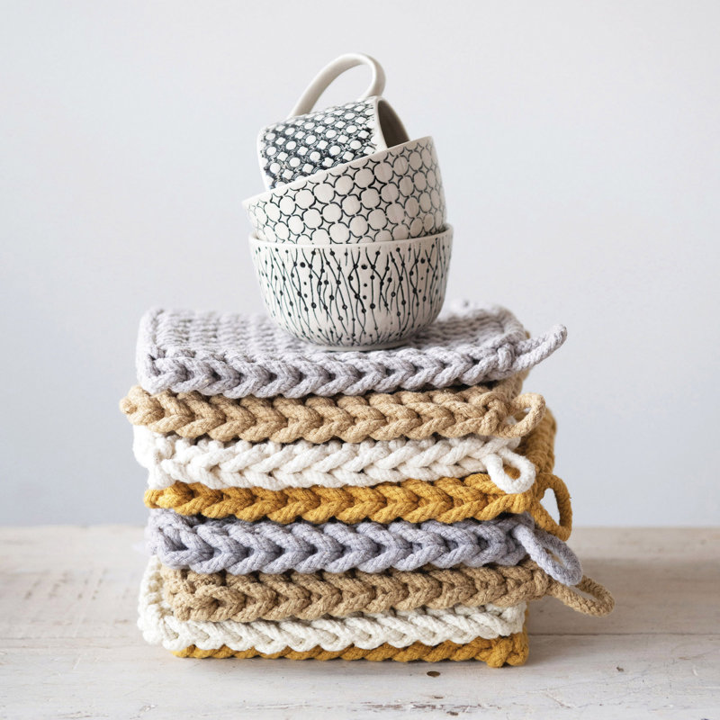 Poignée carrée en coton crocheté (chacun variera), Beige/gris/brun