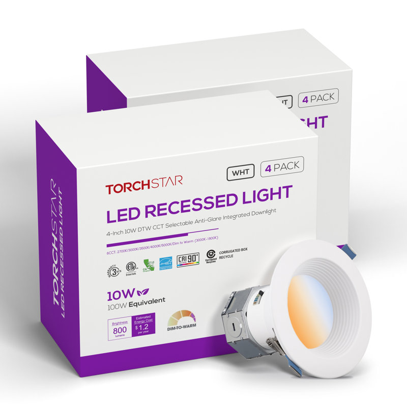 Luminaire encastré à DEL Core de 4 po à intensité variable (blanc chaud/blanc chaud), diffuseur antiéblouissement, sans boîtier, température de couleur réglable de 2 700 K à 5 000 K, 800 lm, 10 W, IRC 90+, étanche à l'air (norme IC), résistant à l'humidité, certifié ETL, blanc