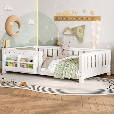 Scandinavian  Floor Bed With Built-In Bookshelf And Safety Guardrail