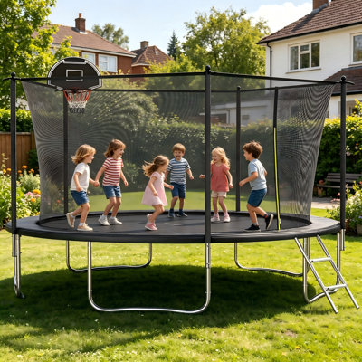 Trampoline de 14 pi pour enfants et adultes avec filet de sécurité, trampoline d'extérieur avec panier de basketball homologué ASTM