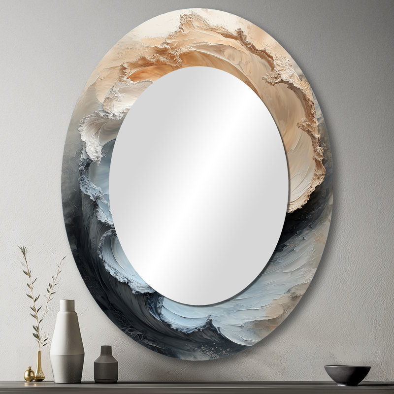 Beige et bleu eau Maelstrom of Elegance II - Grand miroir mural ovale sur métal, 43 po x 33 po
