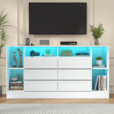 6 Drawers Dresser With 6 Open Storage Cubbies, Led Dressers & Chests Of Drawers With Power Outlet, 55" Wide Long Dresser For Bedroom, Modern Tv Stand by Wrought Studio