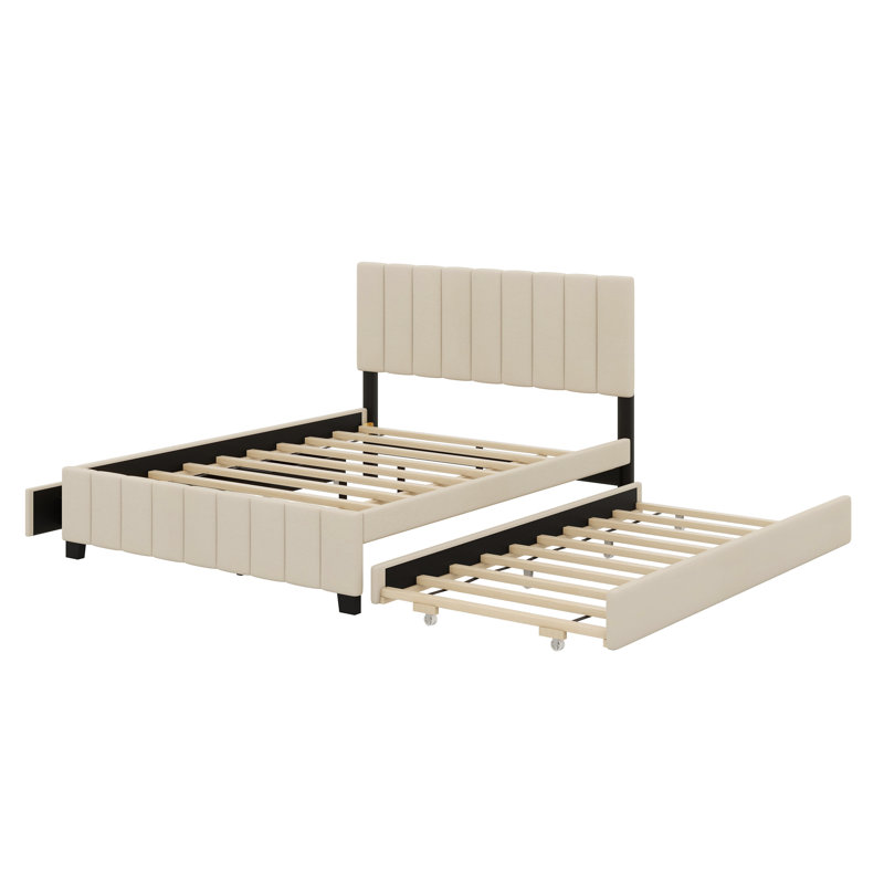 Upholstered Platform Bed With 2 Drawers And Trundle, Beige