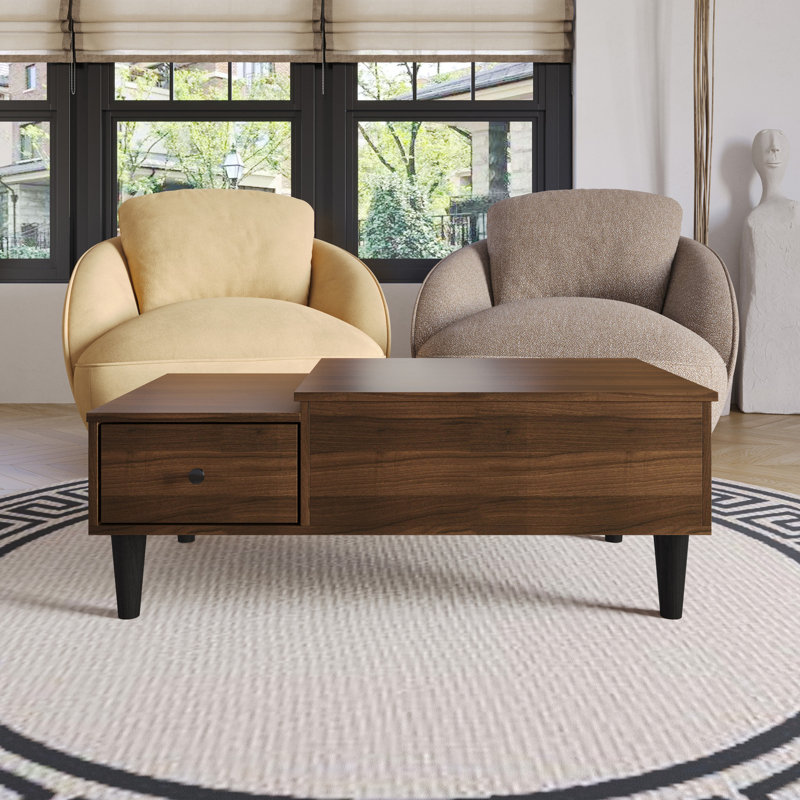 Table basse à plateau relevable avec rangement dissimulé et tiroir Caribou, Brun