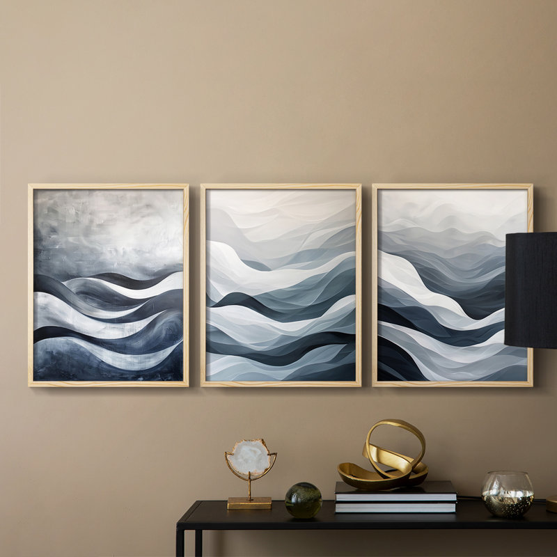 Abstract  Series  CLX  -Set Of 3 Framed Giclee Prints -Ready to Hang, Natural Framed, 10" H x 8" W