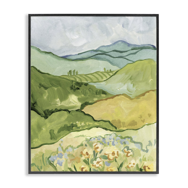 «Green Meadow Rolling Hills», art numérique par Victoria Barnes, H 20 po x l 16 po, Giclée encadrée noir minuit