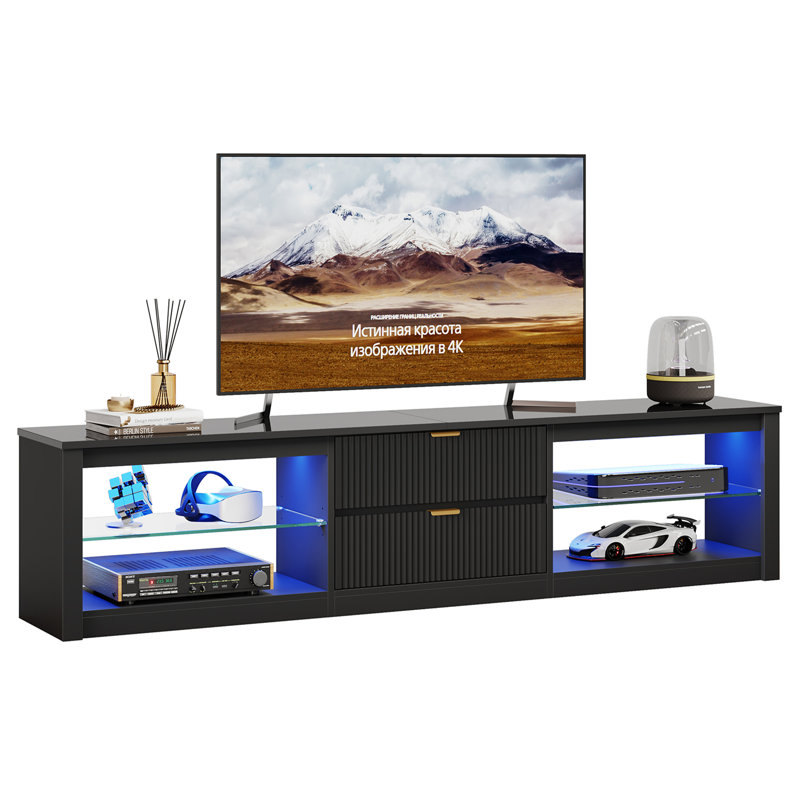 203cm TV Stand for TVs up to 85", High Gloss Fluted Entertainment Center with LED Lights and 2 Drawers, Black