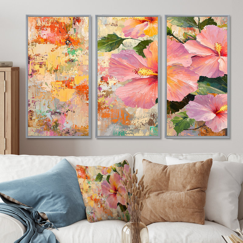 Hibiscus en fleurs au Mexique - ensemble de salon Hibiscus Wall Art, 32" H x 48" W, Reproduction avec cadre flottant