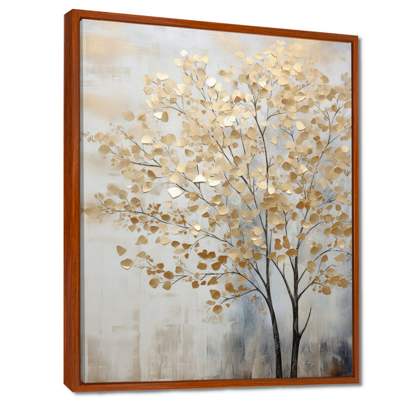 Minimalisme, scène d'arbres bleus et dorés - Art mural arbres, H 44 po x l 34 po x P 1,5 po, Cadre flottant brun