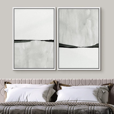 SIGNLEADER Framed Canvas Print Wall Art Set Minimal Grey White Landscape Abstract Shapes Illustration Modern Art Decorative Nordic Chic Relax/Zen For Living Room, Bedroom, Office
