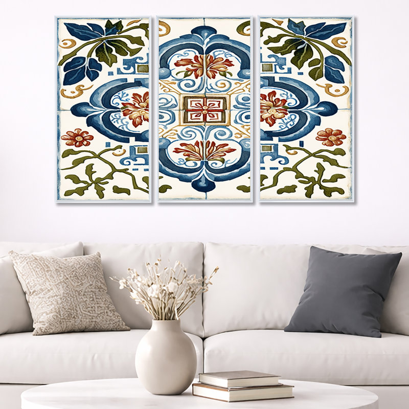 " Mediterranean Tiles In Retro Blue I " 3 - Pieces, 20" H x 36" W x 1" D, White Framed Canvas