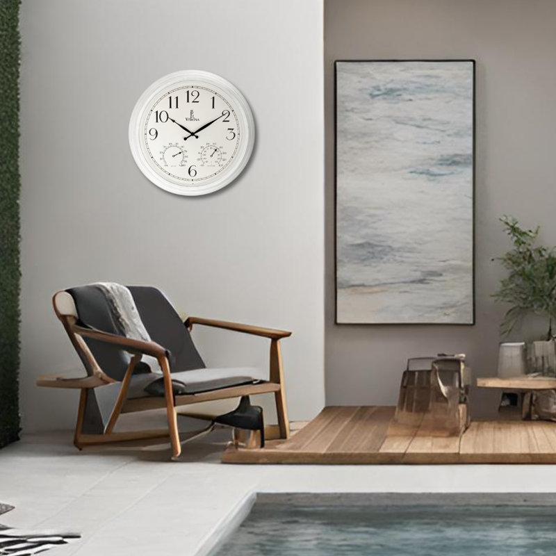 Horloges d'extérieur 18 pouces pour patio avec grand thermomètre blanc imperméable