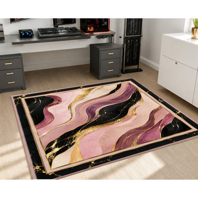 Tapis en velours antidérapant en velours, motif de tourbillon ondulé abstrait en marbre or rose noir, tapis décoratif, décoration intérieure chic pour le salon, la chambre à coucher, un appartement, un couloir, un bureau, un bureau