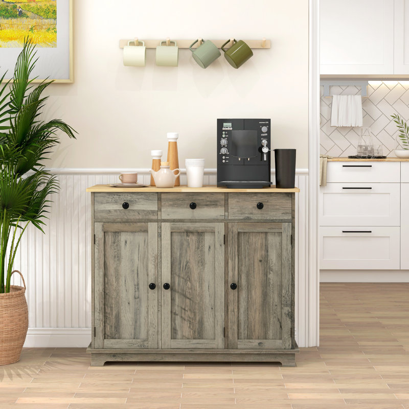 Modern Gray Storage Cabinet - Sideboard With Solid Wood Countertop, 3 Drawers, Doors, Adjustable Shelf For Daily