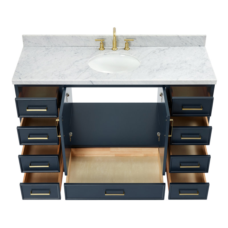 55'' Single Bathroom Vanity with Carrara Marble Top, Midnight Blue