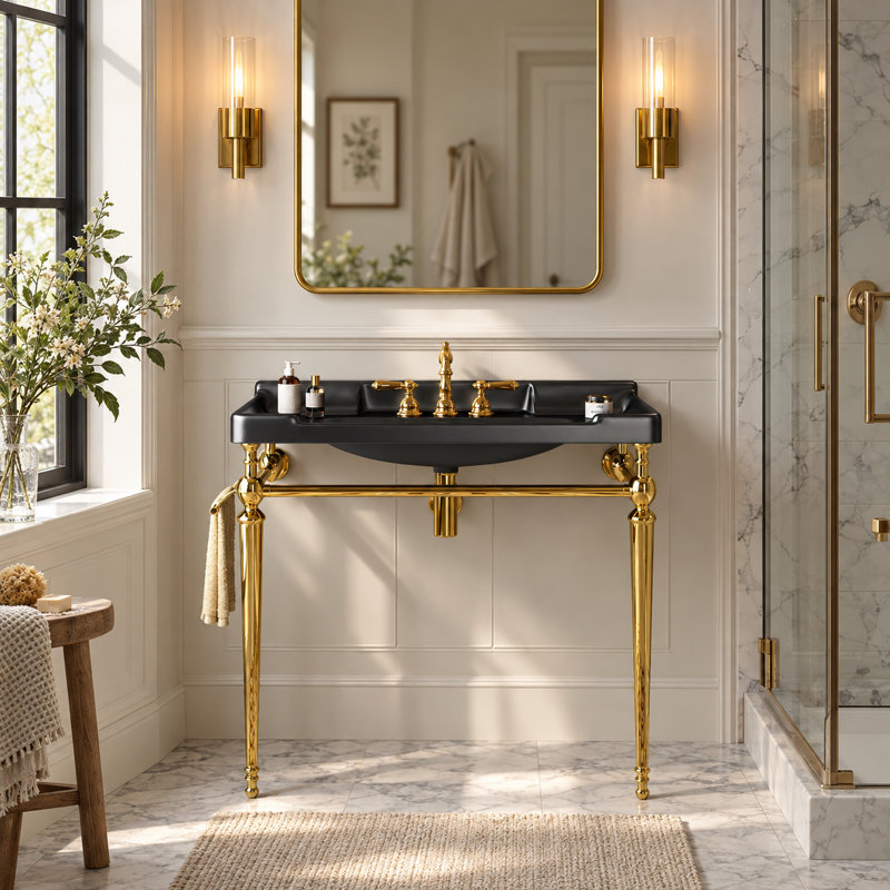 Meuble-lavabo console en céramique de 91 cm (36 po) avec support en métal et barre porte-serviettes, Doré, 36", Noir