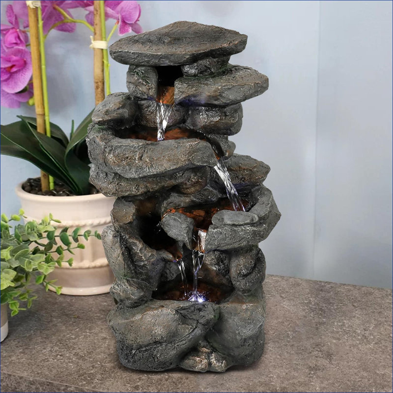 Fontaines | Fuente, intérieur, Mesa | Fontaine de table à DEL 3 niveaux 15,7 "pour le bureau à domicile | Résine | Gris