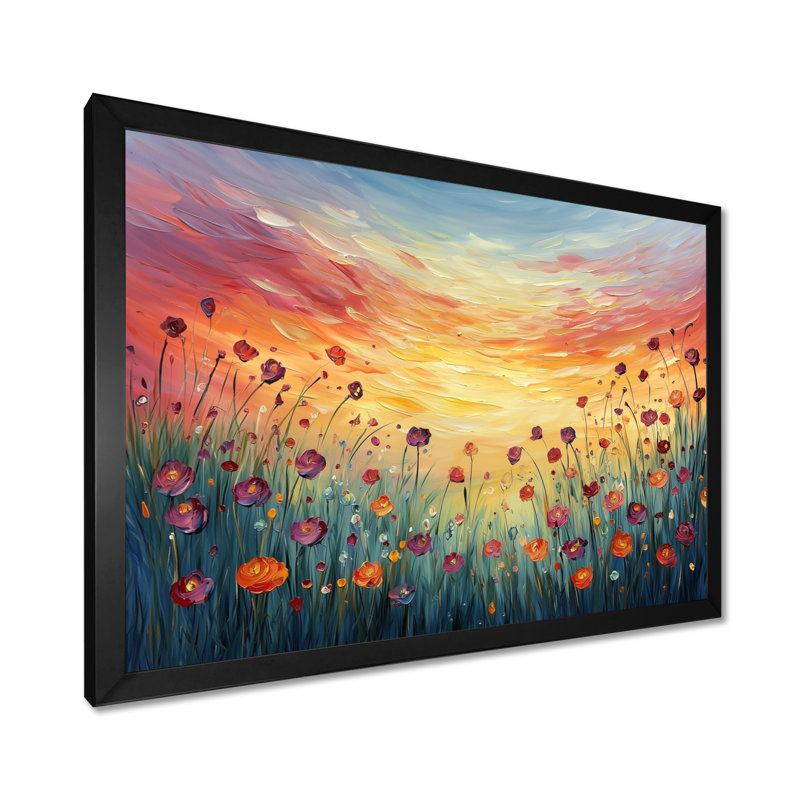 Coucher de soleil fleurs sauvages dans la nature I - Art mural fleurs sauvages, Cadre simple, Noir, H 12 po x l 20 po