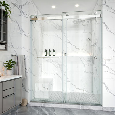KAVRTON 62"-67" W X 76" H Frameless Shower Door, Double Sliding Shower Door in Brushed Nickel, 3/8"(10mm) SGCC Certified Tempered Clear Glass with Towel Bar & Finger Pull