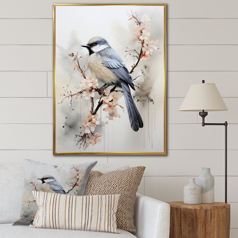 «Hosna Asian Art Bird Sumi II», reproduction sur toile, H 32 po x l 16 po x P 1 po, Cadre flottant doré