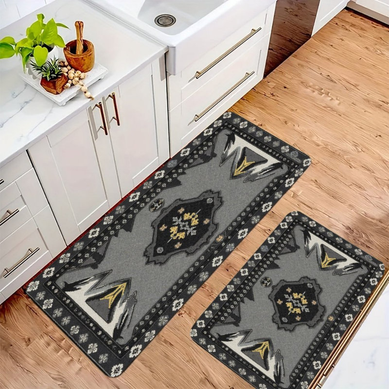 Tapis de cuisine tribal noir et gris, 2 tapis rétro pour cuisine et chalet