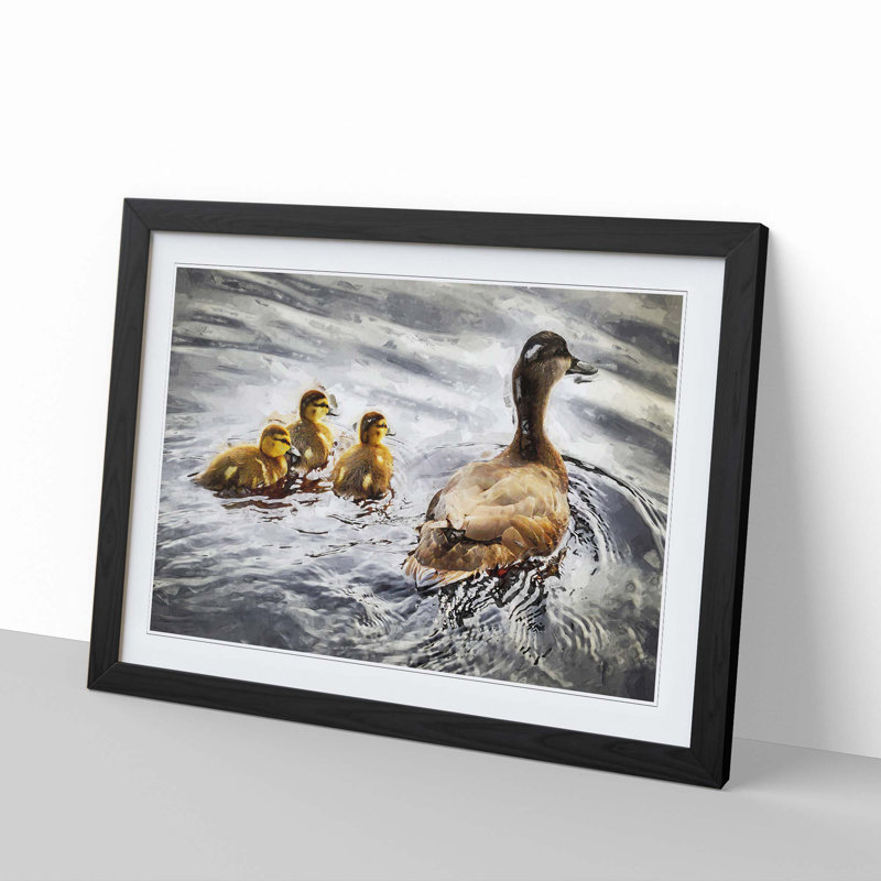 Ducklings with Mother Duck - Picture Frame Graphic Art Print on MDF, 62cm H x 87cm W x 2cm D, Black Framed