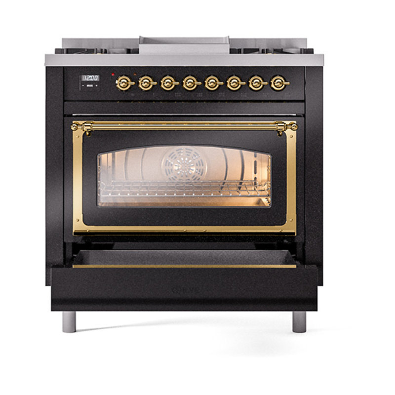 ILVE Nostalgie II Noblesse 36 in Dual Fuel Range, Glossy Black/Brass, Natural Gas