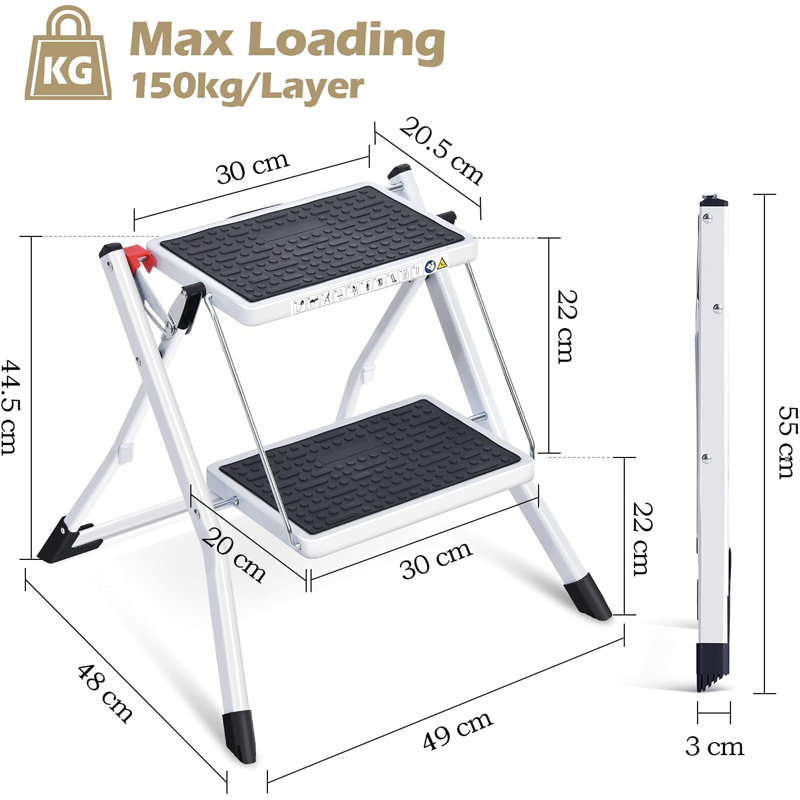 2 Stepsstepladder, Foldable, Ladder With Non-Slip Rubber Mat, Step Stool With Release Button, Lightweight Steel, For Up To 150 Kg