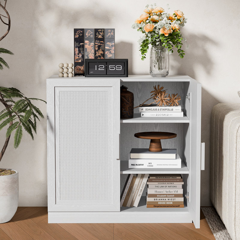 Rattan Storage Cabinet with Adjustable Shelves, 31" H x 31" W x 16" D, White