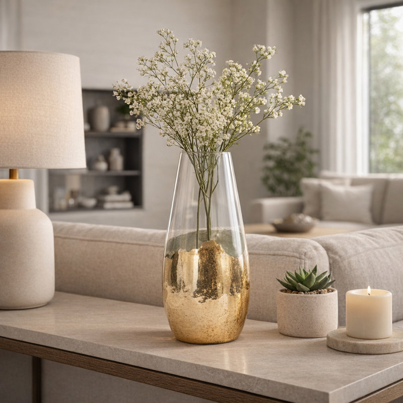 Smoked Glass Vase with Modern Base for Home Decor - Tall Tapered Flower Table Vase Decorative Accent for Living Room Display or Table Centerpiece - 15"