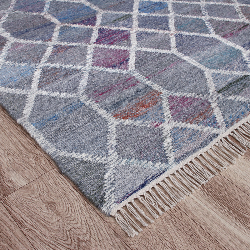 Tapis gris / bleu à motif géométrique tissé à plat à la main, Rectangle 6 pi x 9 pi