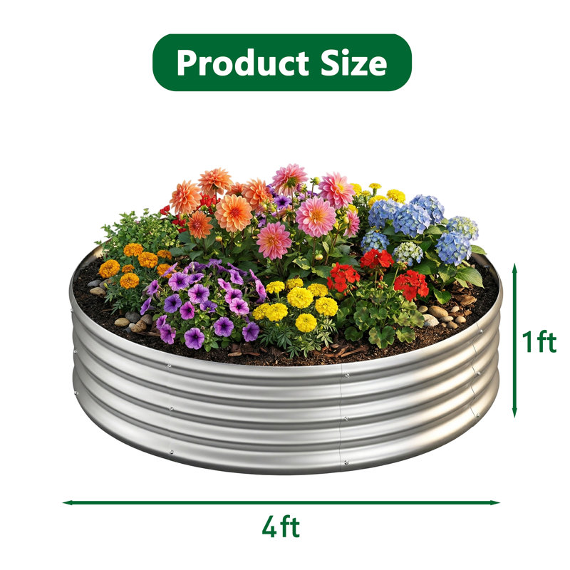 Paquet de 3 lit de jardin surélevé rond galvanisé 4 x 4 x 1 pi, boîte à fleurs argentée, 3