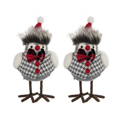 Adorable Fabric Bird Decor With Plaid Bow-Tie And Red Hat, Perfect For Home And Holiday Decoration, Set Of 2