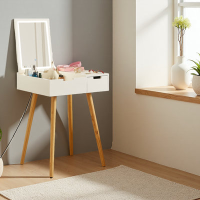 Petite coiffeuse de maquillage, bureau avec 2 tiroirs, organisateur de miroir rabattable, coiffeuse de maquillage pour chambre à coucher, vestiaire