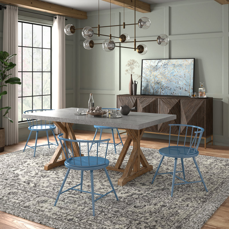 Ensemble de table de salle à manger et de chaises à dossier bas en placage de béton Warner, Acier bleu