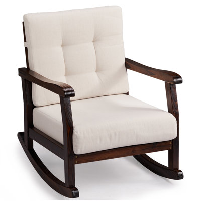 Carbonised Coloured Fir Wooden Rocking Chair With Removable Beige Cushion