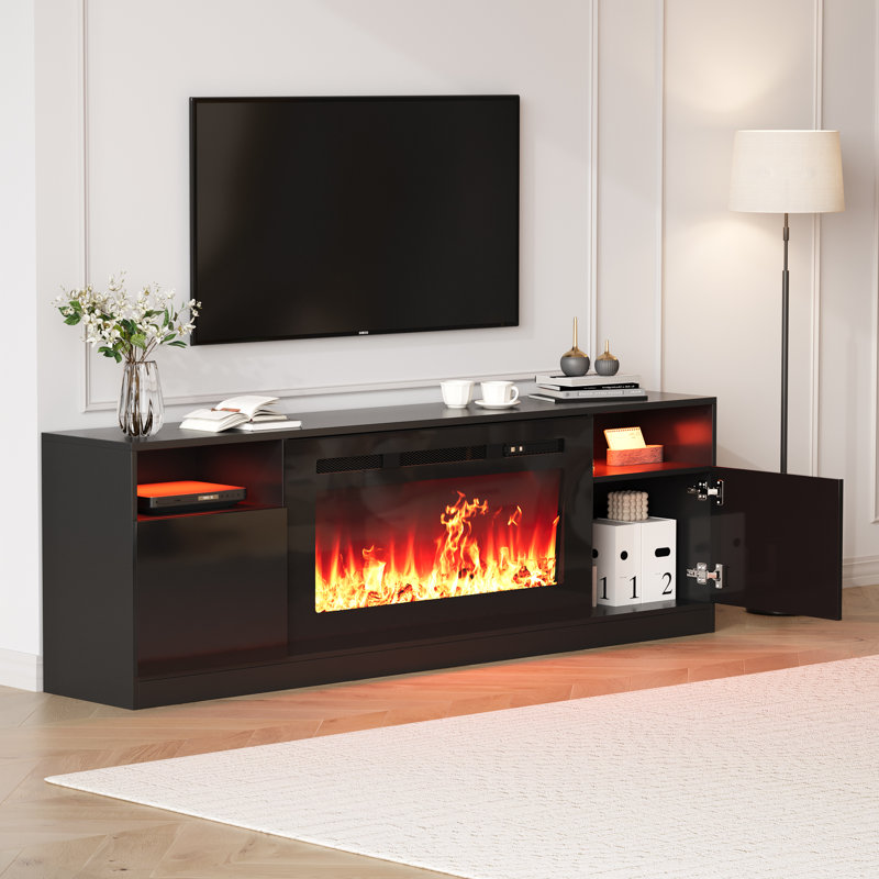 Meuble télé 70 po pour téléviseur de 80 po ou moins, console multimédia à 2 niveaux avec radiateur électrique de 36 po et rangement en verre