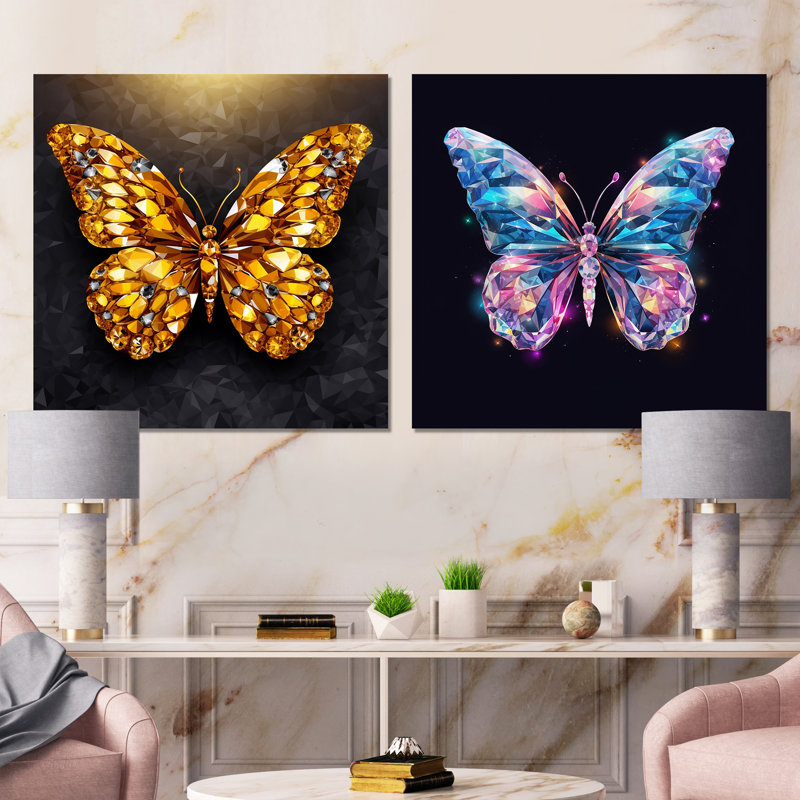"Papillon rose et or" 2 pièces, Toile tendue, H 16 po x l 33 po