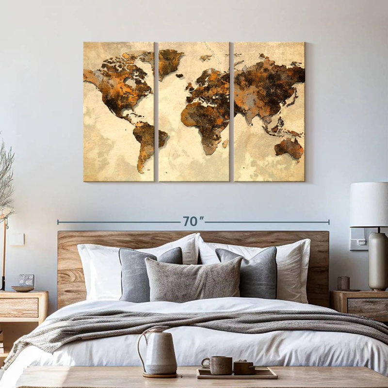 " Rustic World Map " by Tess P 3 - Pieces, 36" H x 57" W x 1.25" D