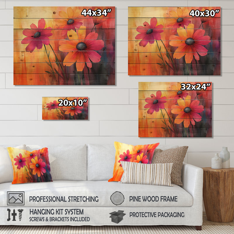Orange Dancing Among The Wildflowers I - Wildflowers Wood Wall Decor - On Natural Pine Wood, 34" H x 44" W x 0.78" D