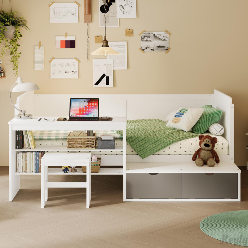 Lit de jour en bois avec bureau, Blanc