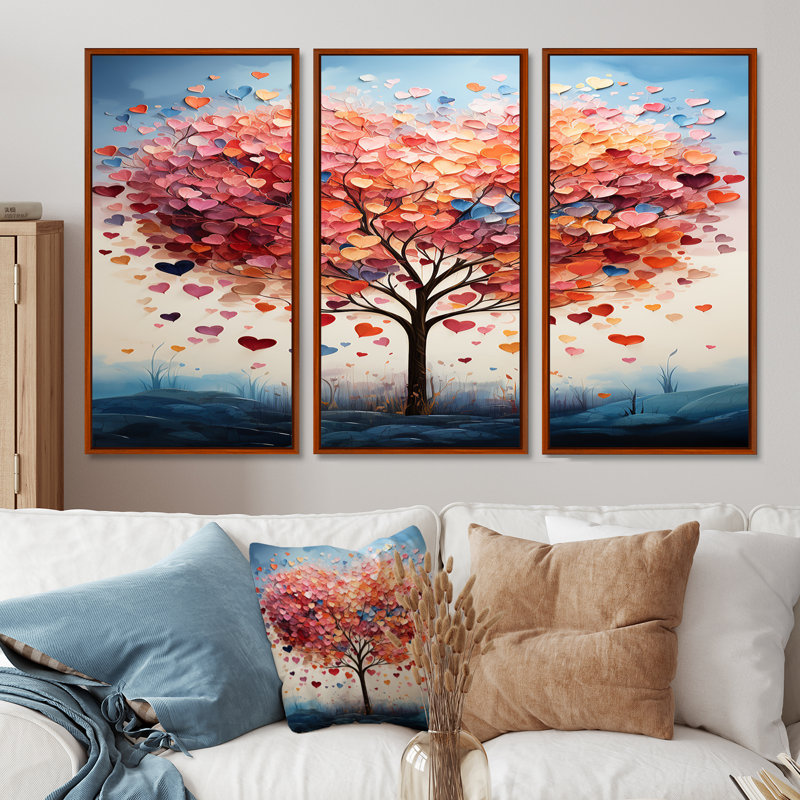 «Blossoming Pink Heart Tree», ensemble de décorations murales, Cadre flottant brun, H 28 po x l 36 po x P 1 po