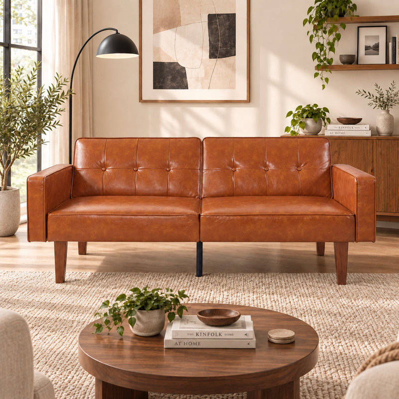Canapé-lit futon convertible en similicuir de 173 cm (68,1 po) avec dossier inclinable en 3 positions, Brun