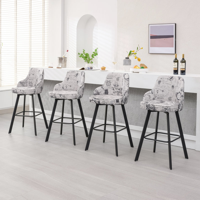 Tabouret de comptoir pivotant rembourré en lin de 30 po avec dossier haut (ensemble de 4), Imprimé nautique beige, 4