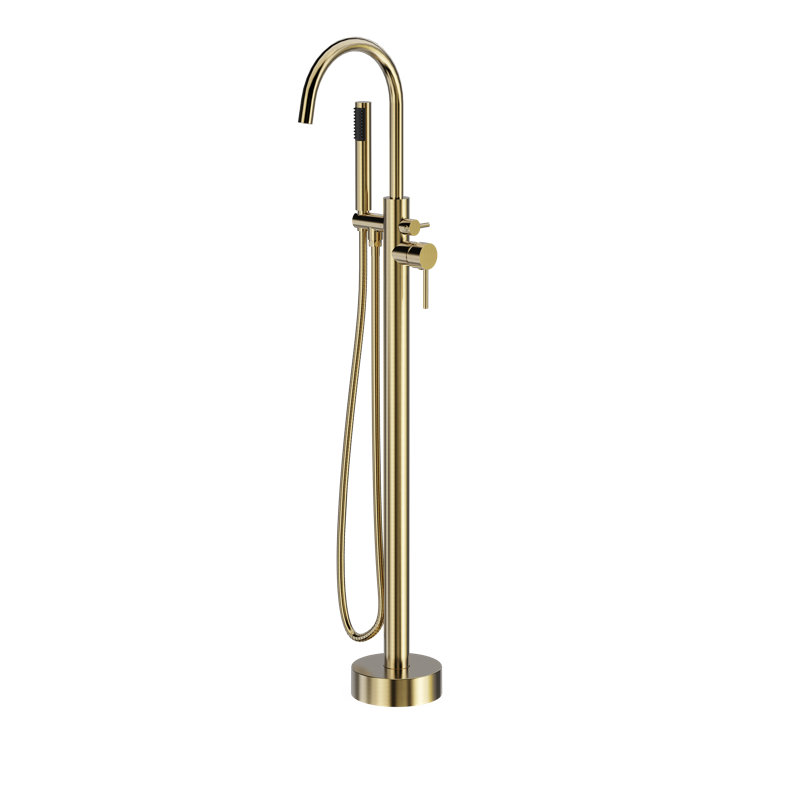 Cozyblock Floor Mount Bathtub Faucet Freestanding Tub Filler Standing High Flow Shower Faucets Shower Mixer Taps, Swivel Gooseneck Spout With Cylinder Handheld (Brushed Gold)