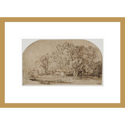 Paysage avec des chalets sous de grands arbres. (The Puff of Wind ")" par Rembrandt van Rijn - Estampe numérique encadrée