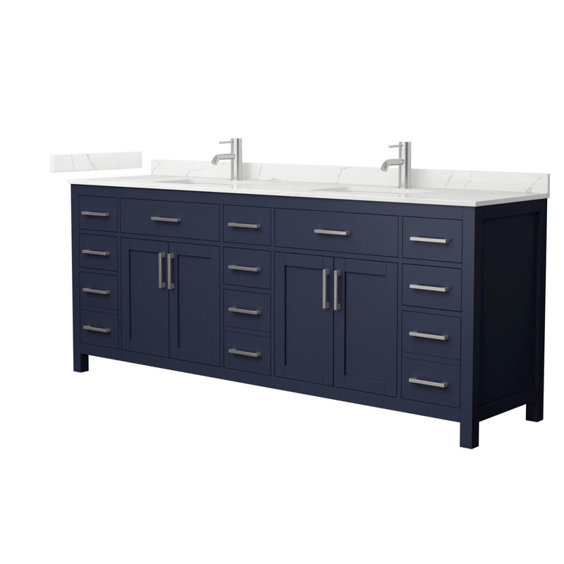 Beckett 84" Freestanding Double Bathroom Vanity with Quartz Top, Brushed Nickel, Giotto Quartz, Dark Blue