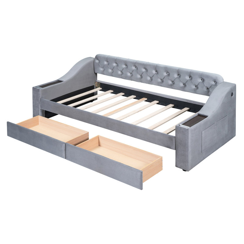 Gray Upholstered Twin Daybed With Armrest Storage & - Practical Bedroom Addition Elegant Sleeping Option, Gray